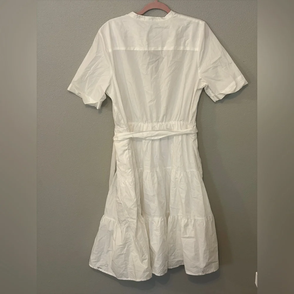 White cotton belted tiered midi vacation sundress short sleeve casual resortwear - Picture 5 of 6